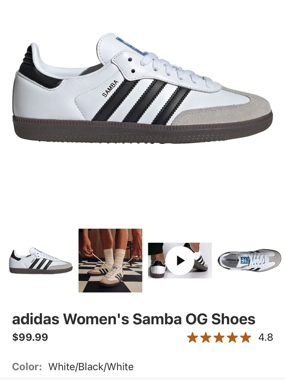 adidas Kids Samba White with Black Stripes and Gum Sole